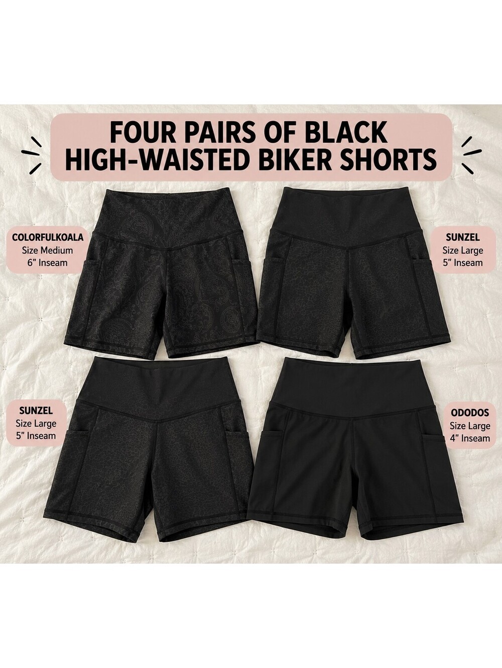 4-Pack Women's Black Biker Shorts M/L Colorfulkoala Sunzel ODODOS Pockets